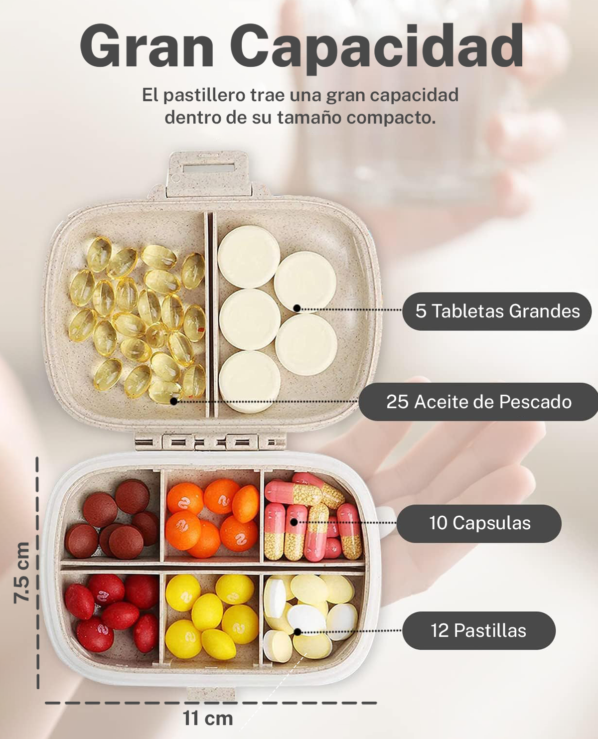 Pastillero Portátil Moderno con 8 Divisiones - Beige